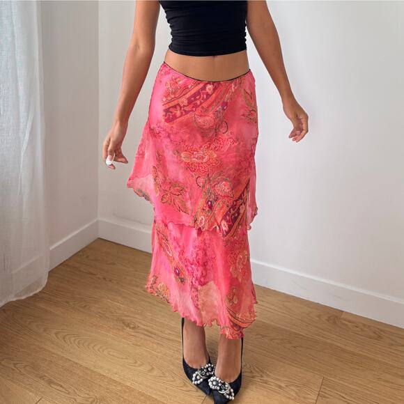 Vintage Silk Mesh Ruffle Midi Skirt (S) - Picture 1 of 11